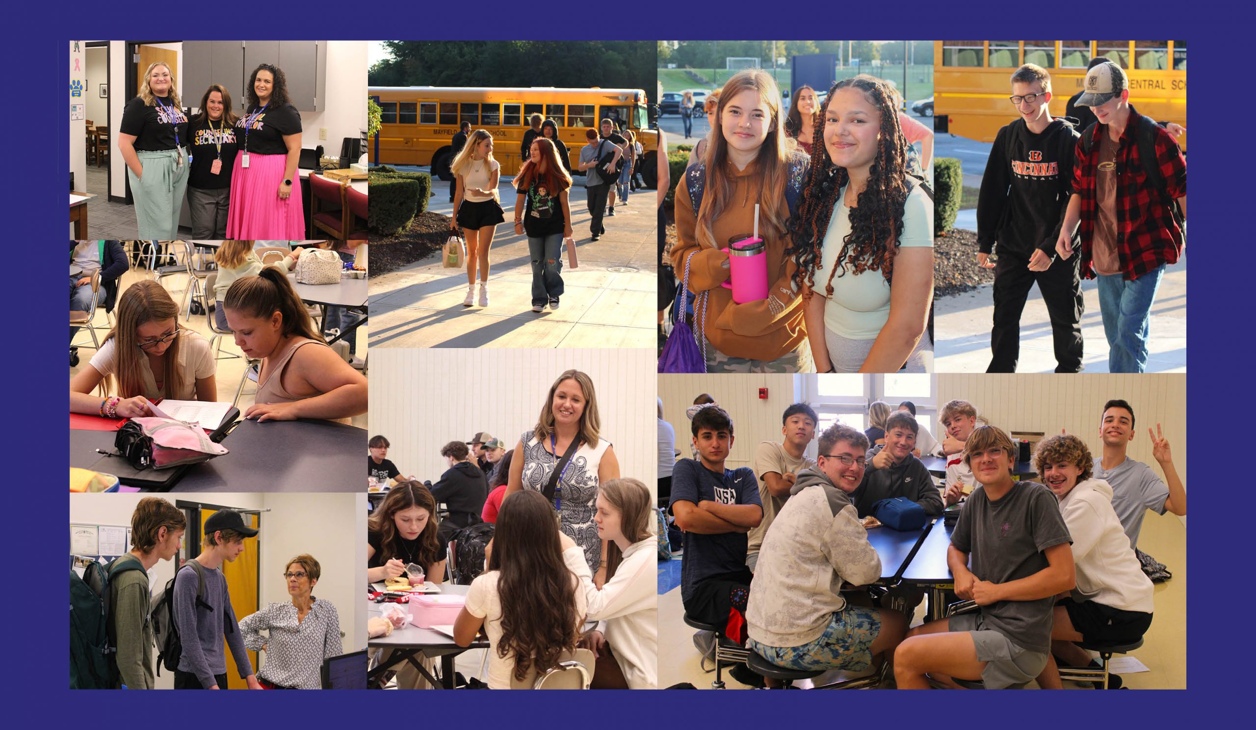 High school school students getting off the bus, walking into school, eating in the cafeteria, smiling and talking to teachers.