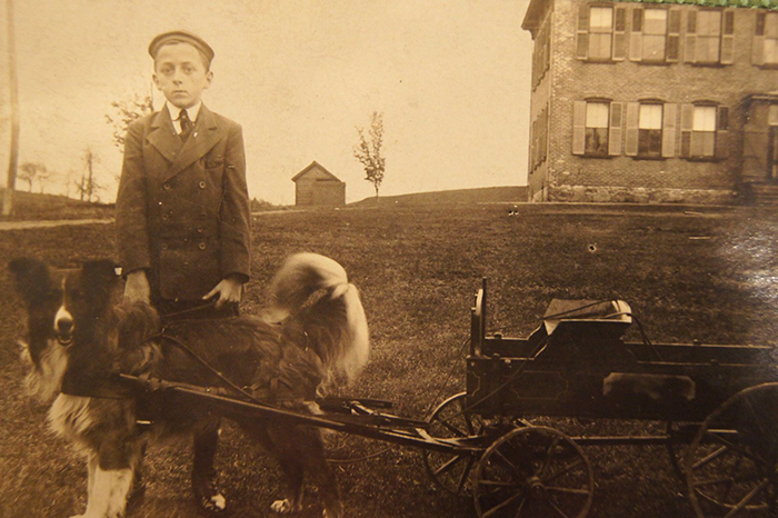 Child from the 1900s stands with dog and carriage