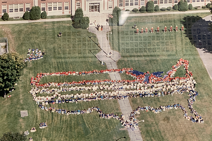 Aerial photo of students in the formation of the map of the USA