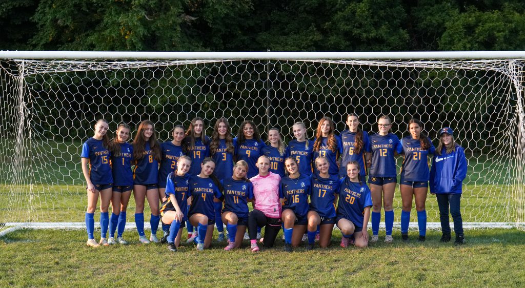 soccer teams stands in two rows in goal